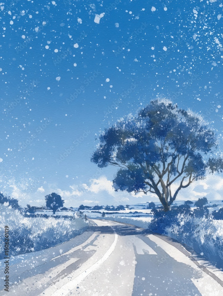 A tranquil winter scene features a winding road lined with snow-covered fields under a bright blue sky. A solitary tree stands gracefully against the serene backdrop.