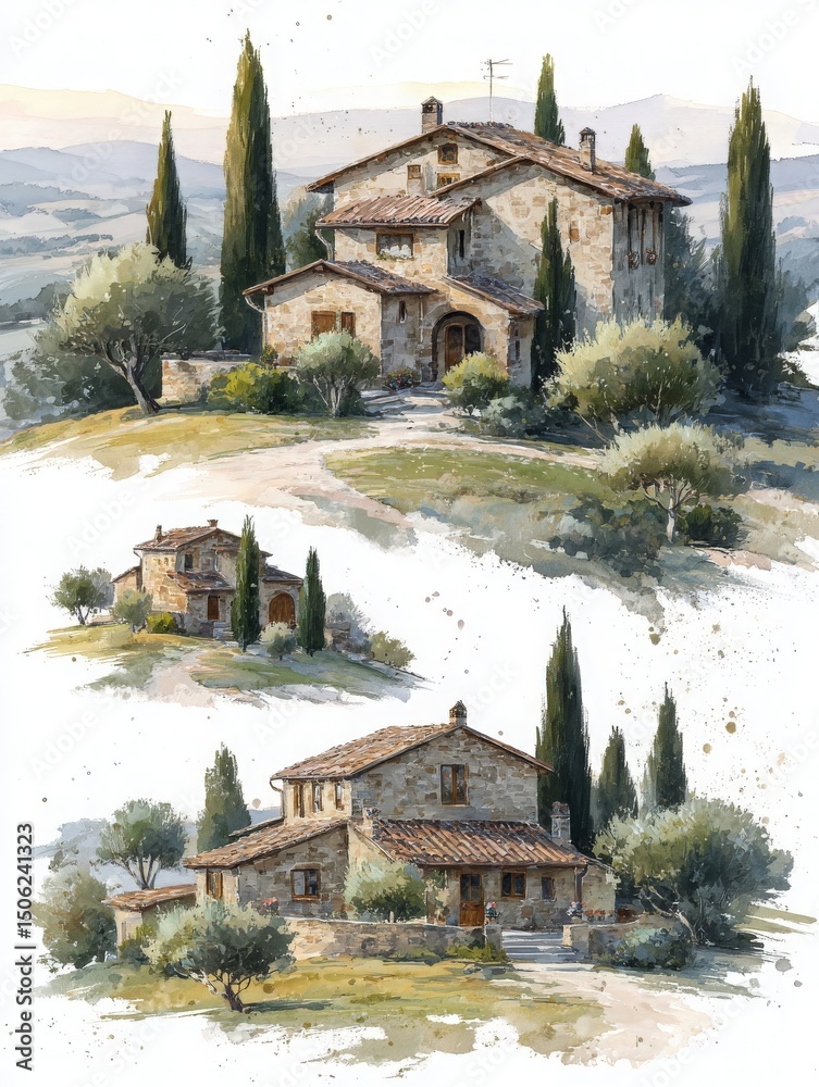 Set in a picturesque countryside, these rustic stone houses nestle among tall cypress trees and lush greenery. The peaceful landscape showcases rolling hills and a clear sky, evoking tranquility.