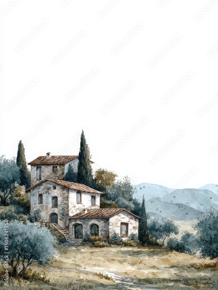 A charming farmhouse sits on a hillside, surrounded by lush olive trees. Rolling mountains rise in the background under a clear sky, creating a serene and picturesque view of rural life.