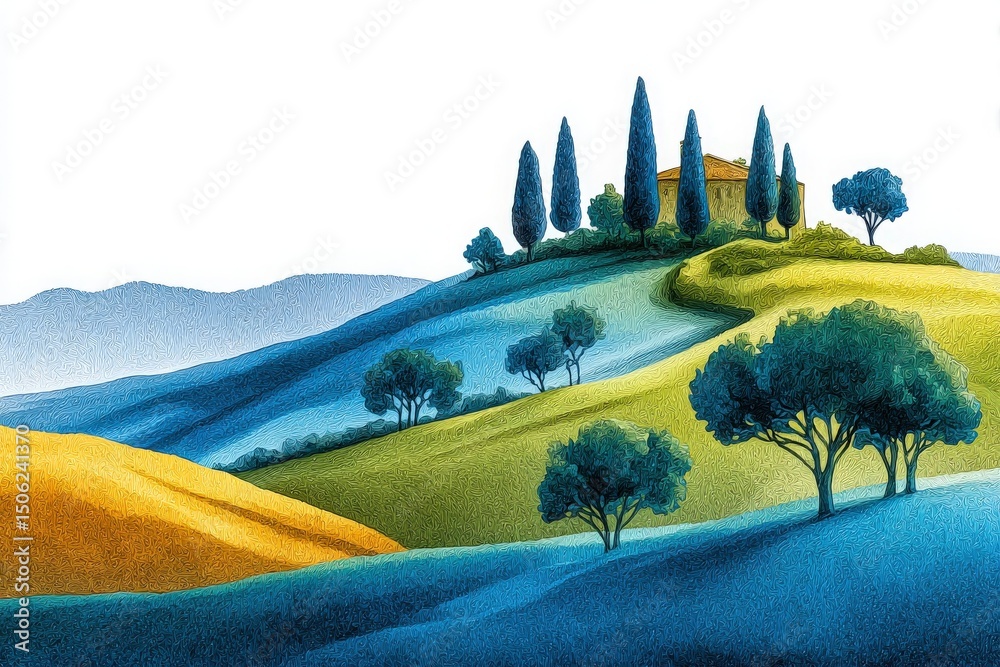 Rolling hills adorned with lush greenery and cypress trees create a serene atmosphere. A distant house sits atop a hill, surrounded by gentle slopes under a clear sky.