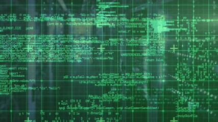 Aufkleber - Green grid appearing over blurred hall, code scrolling upward, fragmenting illustrating data flow
