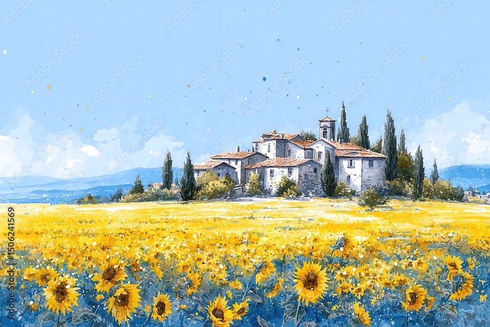 A beautiful villa surrounded by blooming sunflowers stretches across a vast field. Cypresses rise against a serene blue sky, creating a picturesque countryside landscape.
