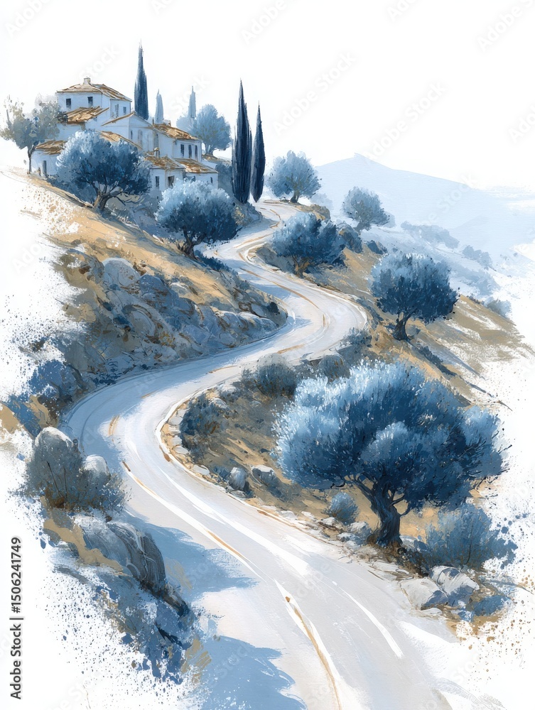 A serene winding road curves through olive trees, guiding the viewer towards a charming village perched on a hillside. The landscape is bathed in soft autumn hues, creating a peaceful atmosphere.