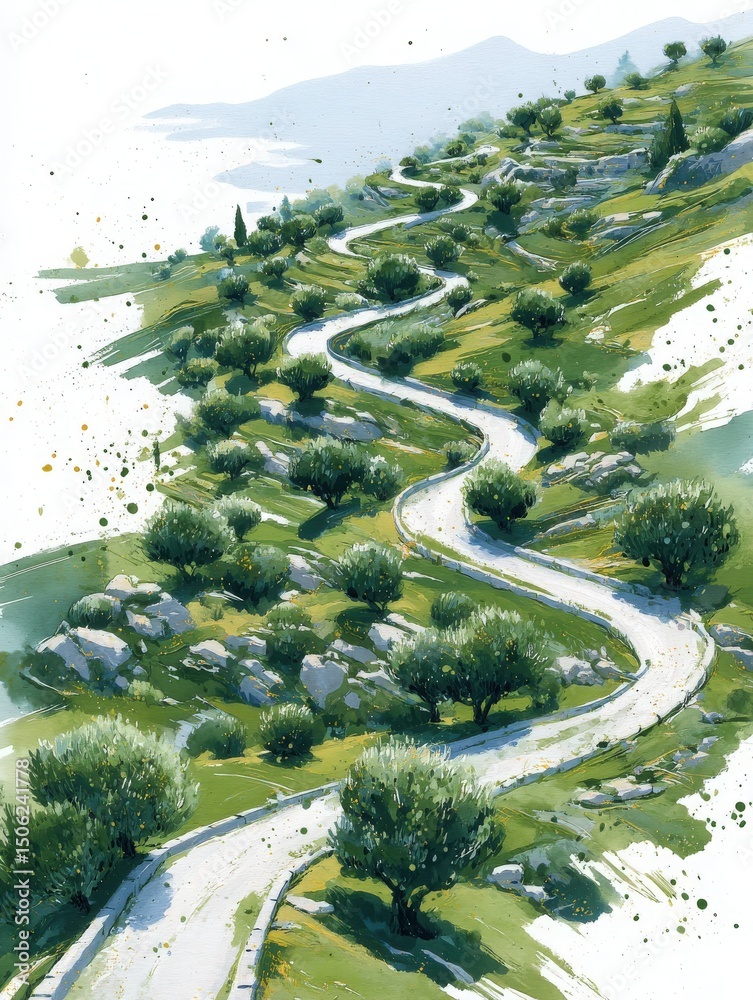 A winding dirt pathway meanders through a vibrant green hillside dotted with olive trees. The landscape is bright and inviting, suggesting a sunny day perfect for exploration.