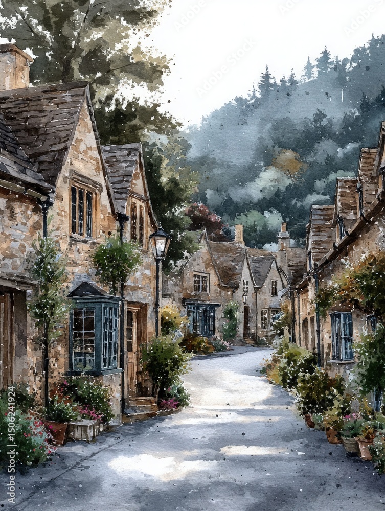 This quaint village features stone cottages lined along a narrow street, with blooming flowers and greenery. The backdrop includes rolling hills and a sunny sky, creating a serene atmosphere.