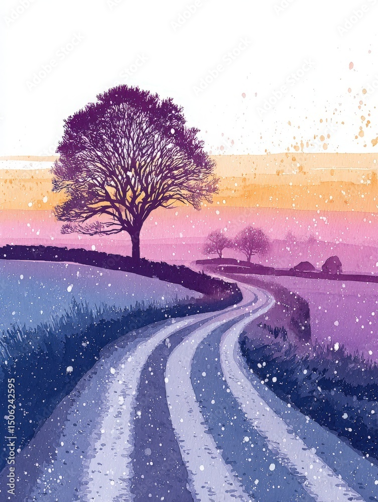 A winding dirt road meanders through a tranquil landscape shaded in purple hues. Silhouetted trees stand against a colorful sunset, evoking a sense of peaceful solitude.