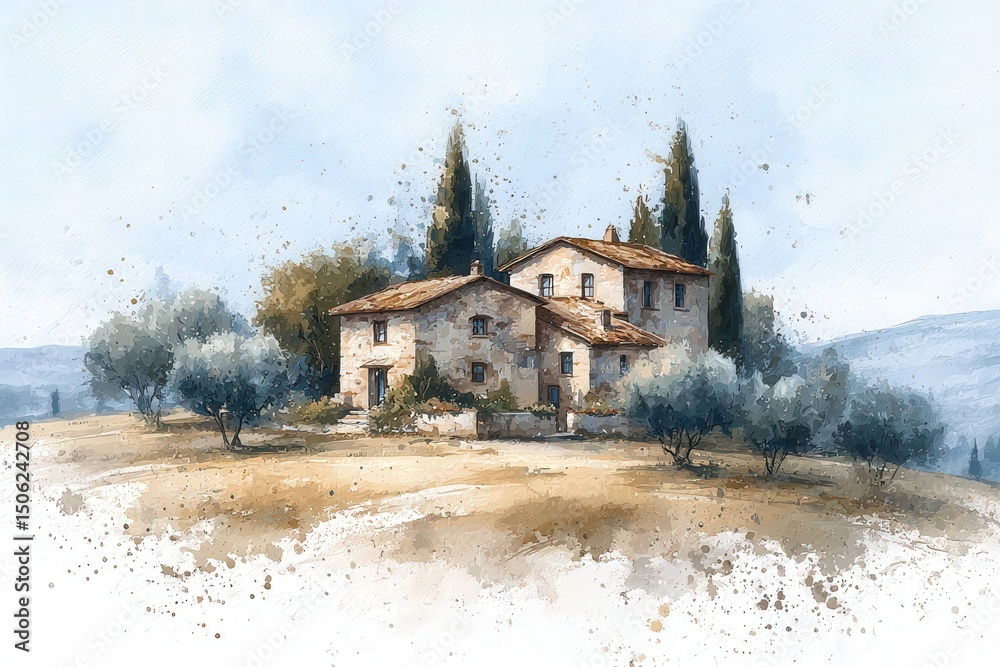 A rustic house with a stone exterior is nestled among olive trees on a hillside. The serene landscape features soft rolling hills and a calming sky, creating a tranquil atmosphere.