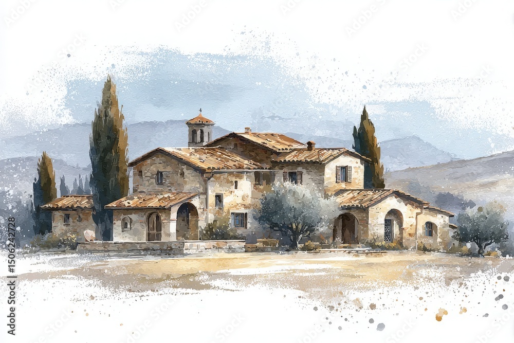 A serene rustic villa is set against a backdrop of rolling mountains. Cypress trees frame the property, while soft watercolor strokes enhance the tranquil atmosphere of this pastoral scene.