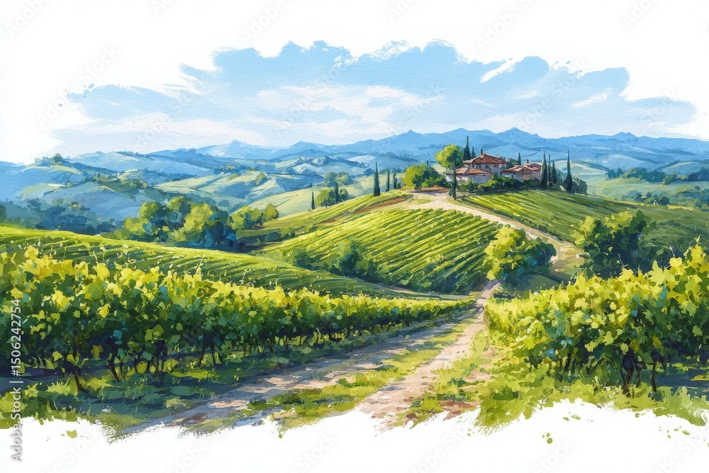 Lush green vineyards stretch across rolling hills under a bright blue sky. A rustic villa sits atop the hills, surrounded by tall trees, creating a picturesque rural landscape.