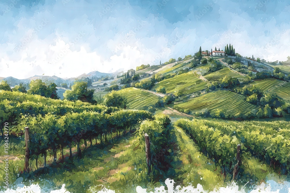 Lush green vineyards stretch across rolling hills, fading into the horizon. A charming estate sits atop the distant hill, surrounded by vibrant farmland. The scene is tranquil and inviting.