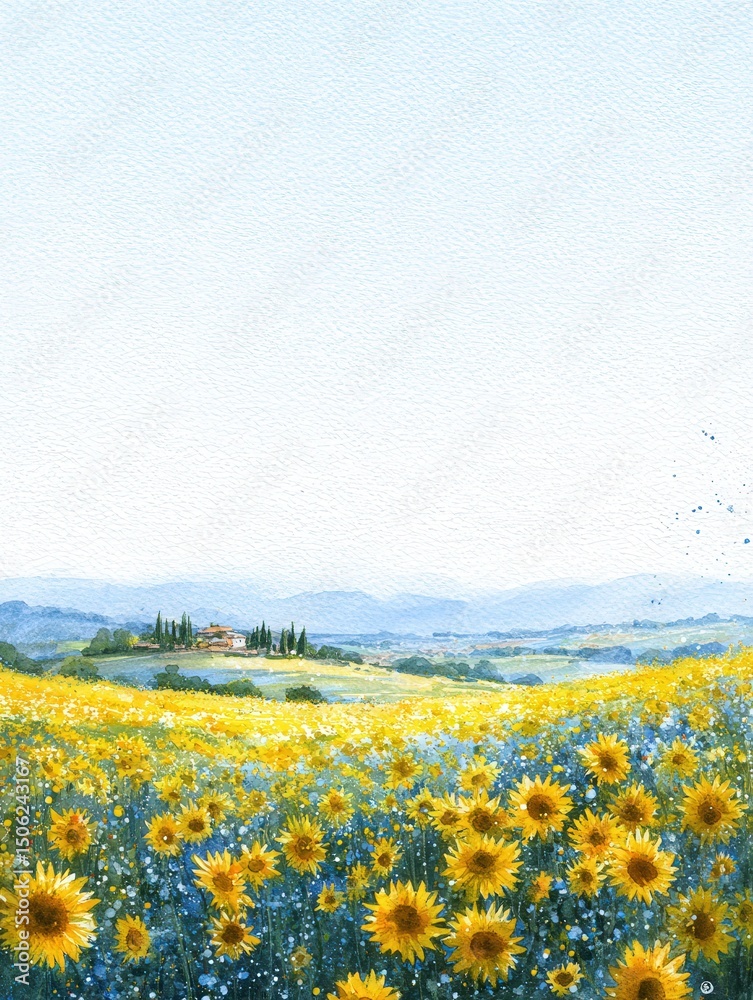 A vast field filled with bright yellow sunflowers covers the landscape, surrounded by gentle hills.