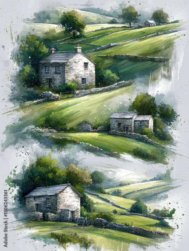 Lush green hills stretch across the landscape, dotted with charming stone cottages. The serene atmosphere captures the essence of rural life, showcasing natures beauty in soft light.