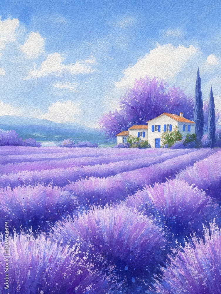 Lush lavender fields stretch across the landscape, dotted with vibrant purple flowers. In the background, a quaint house sits under a bright blue sky, framed by green trees and rolling hills.