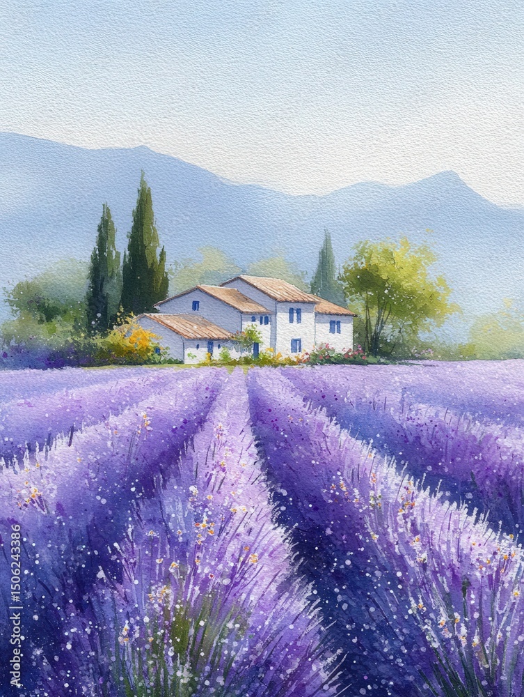 Lavender plants stretch across a vibrant field, their purple hues contrasting the white house nestled among trees.