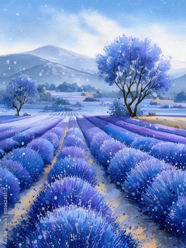 Snow gently falls over vibrant lavender fields, creating a serene winter landscape. Majestic mountains loom in the distance, while leafless trees add to the tranquil scenery.