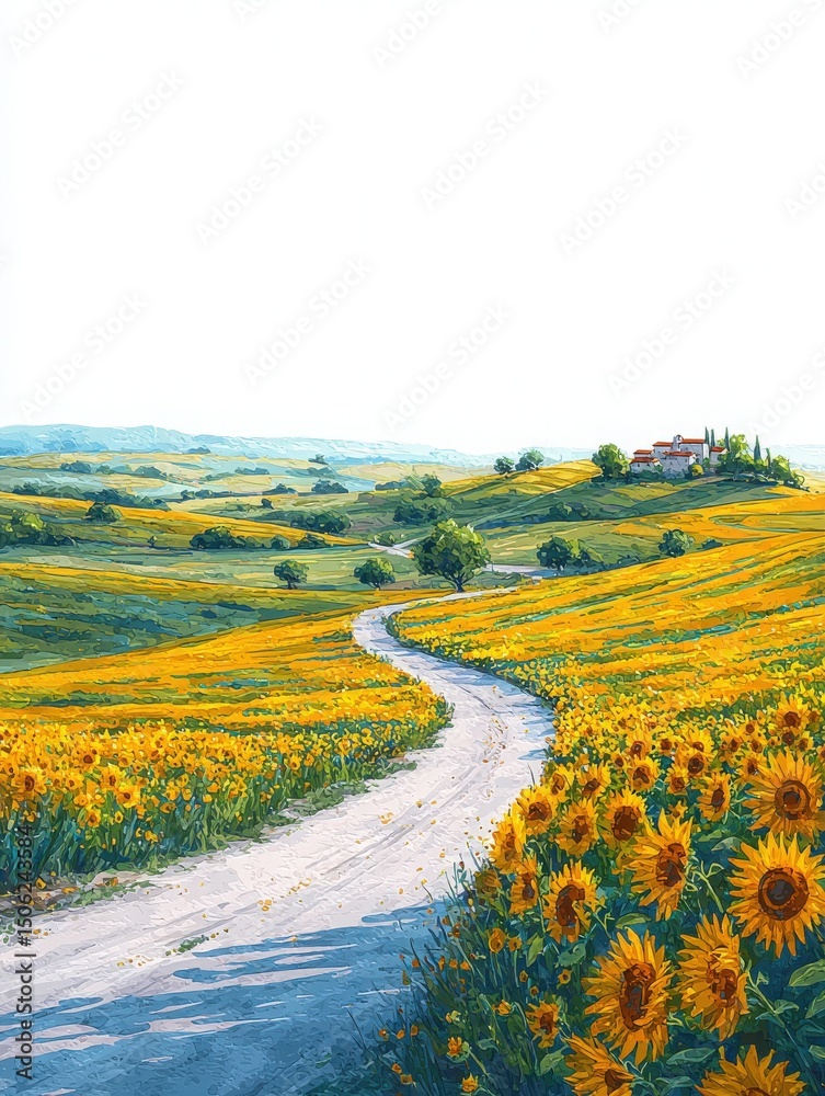 A vibrant landscape features golden sunflowers stretching across rolling hills. A dirt path meanders through the field, leading to a distant farmhouse surrounded by trees under a clear blue sky.
