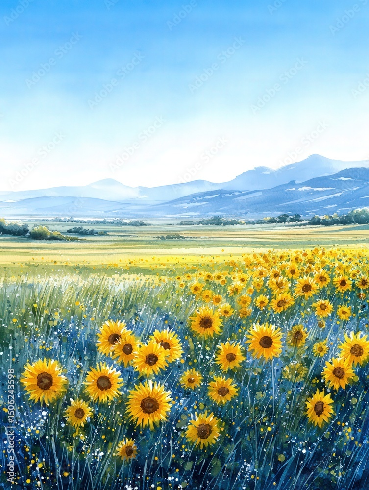 A bright field of sunflowers stretches across the landscape, basking in the sunshine. In the background, rolling mountains create a stunning vista under a clear blue sky.