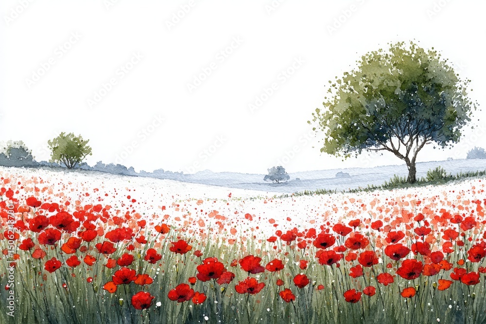 A lush field filled with bright red poppies stretches toward the horizon, complemented by gentle green grass and a few trees. The sky is clear, creating a serene atmosphere during the day.