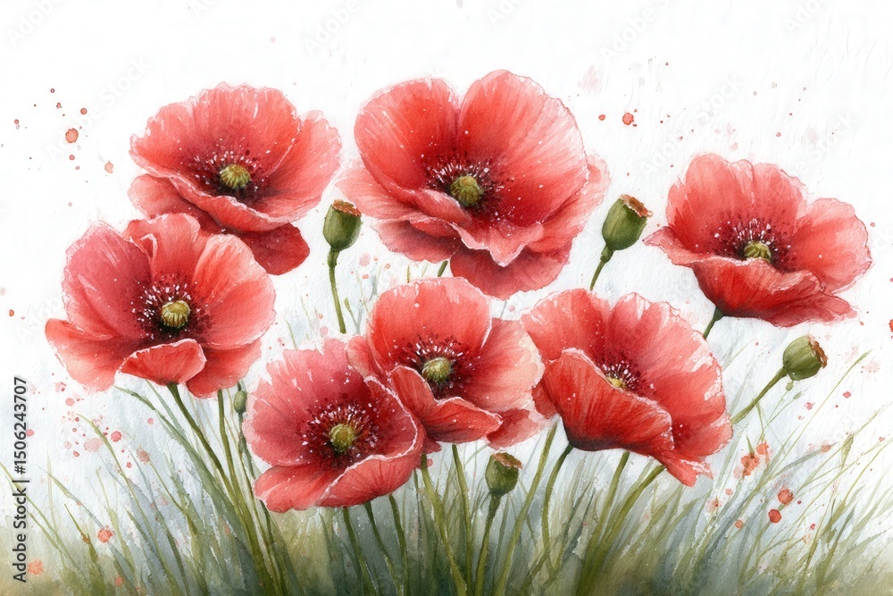 Lush red poppies flourish amidst green grass, showcasing their delicate petals and inviting beauty. The soft background hints at a tranquil spring day, creating an idyllic atmosphere.