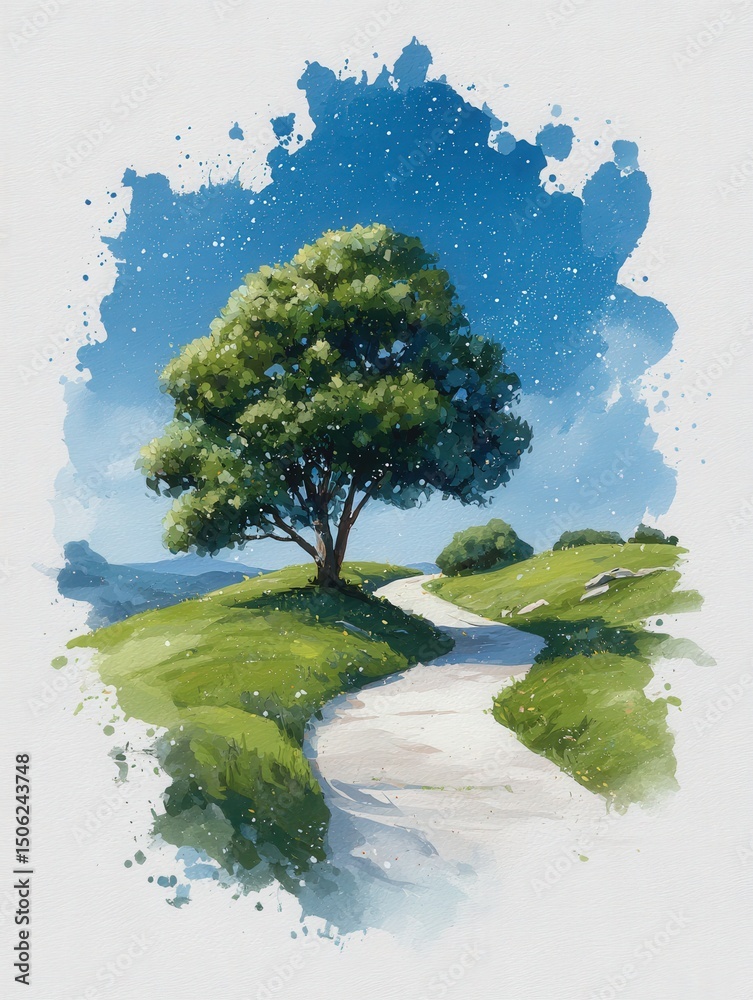A vibrant landscape features a winding white path leading through green hills, with a large tree offering shade. The sky is clear blue, creating a serene atmosphere perfect for a peaceful stroll.