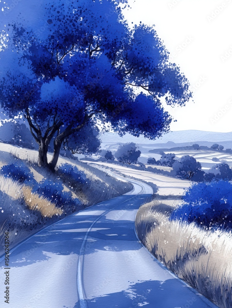 A tranquil country road meanders through a serene landscape, surrounded by lush blue trees and gentle hills. The blue hues evoke a calm atmosphere, inviting exploration of nature.