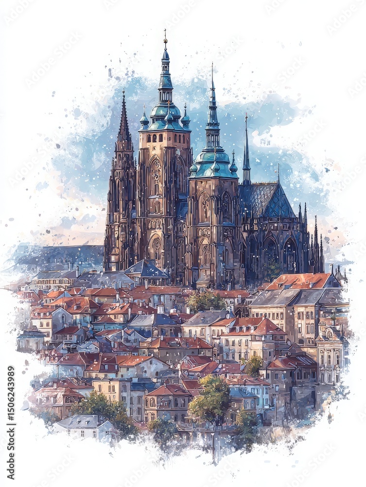 Prague Castle stands majestically with its intricate towers above the historic buildings of Prague.