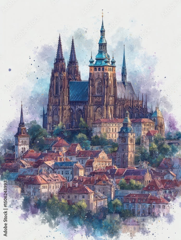 Prague Castle towers majestically over the picturesque rooftops of the city, showcasing intricate architecture and a rich history.