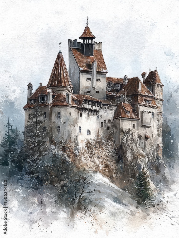This artwork showcases Bran Castle perched on a rocky hill surrounded by snow-covered trees, reflecting a historical and medieval ambience. The muted colors enhance the winter atmosphere.