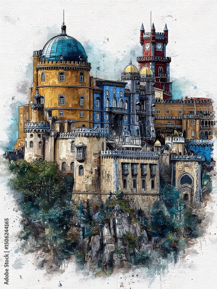 This stunning structure features a mix of architectural styles, perched on a rocky cliff surrounded by lush greenery. Its vibrant colors and intricate design are captivating against the clear sky.