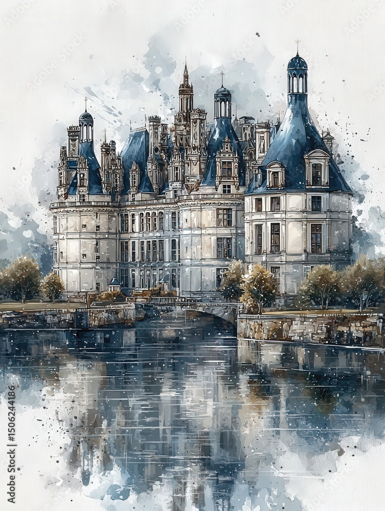 Magnificent castle stands proudly by a tranquil lake, showcasing intricate architecture. The soft colors create a peaceful atmosphere as trees line the banks, enhancing the scenic beauty.