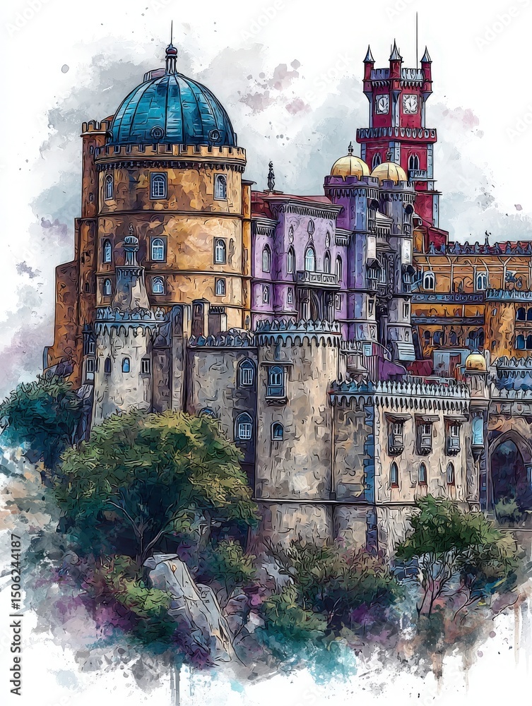 A stunning castle stands proudly against a cloudy sky, featuring intricate domes, towers, and vibrant colors.