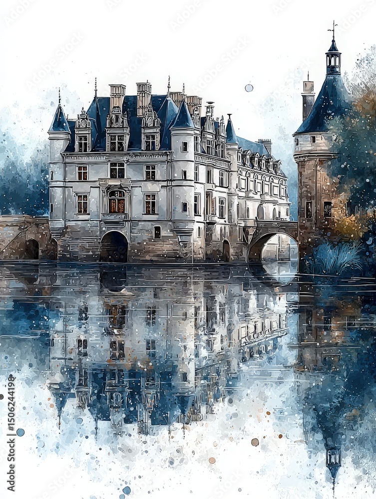 A stunning castle with intricate architecture and turrets stands adjacent to a bridge, reflecting beautifully in the tranquil water. Surrounding trees create a serene atmosphere.