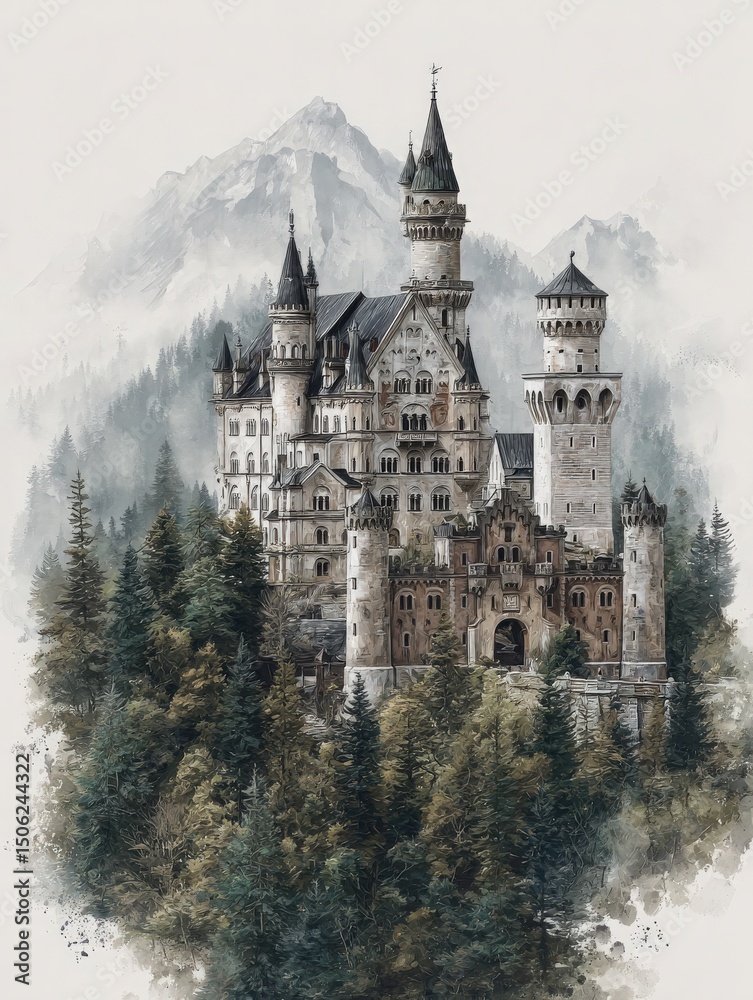 A grand castle stands majestically amidst dense forests and towering mountains. Its intricate architecture features numerous towers and turrets, creating a fairytale-like atmosphere in nature.