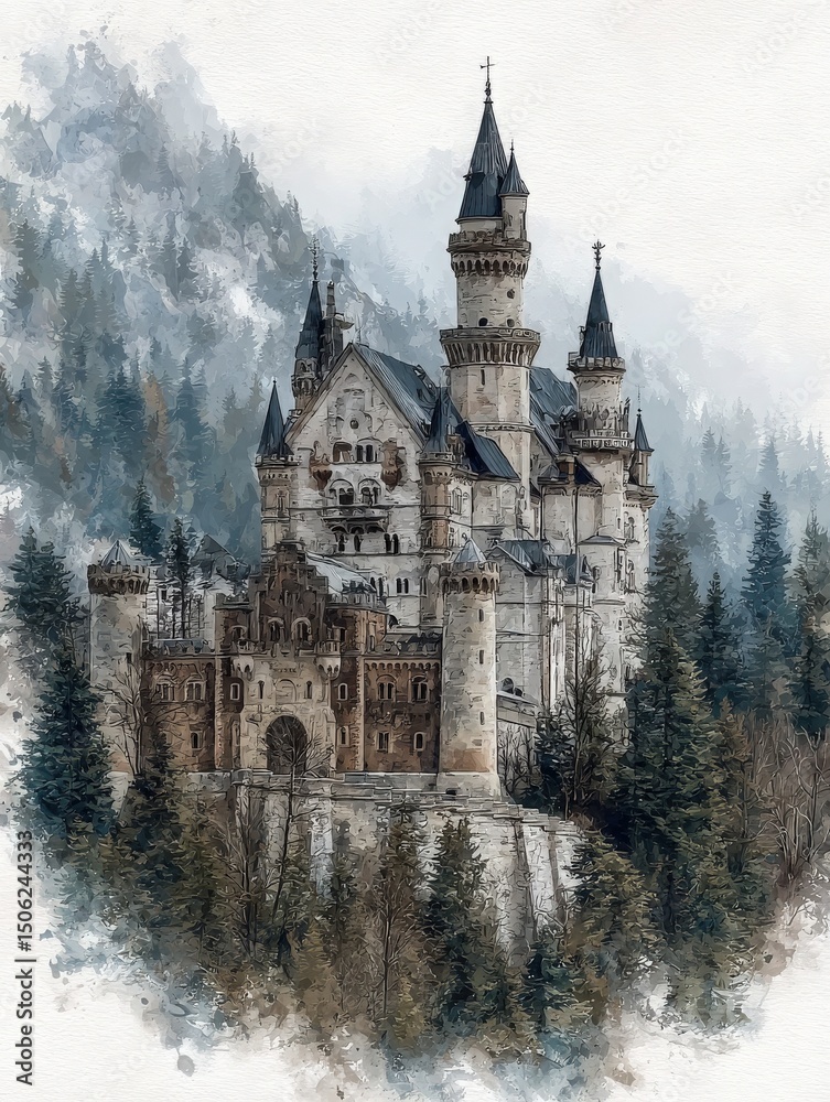 A stunning castle sits atop a rocky cliff, with intricately designed towers and turrets. It is enveloped in mist and surrounded by lush evergreen forests, creating a fairytale-like atmosphere.
