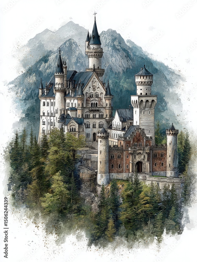 A stunning castle stands proudly in the midst of towering mountains, surrounded by dense green forests.