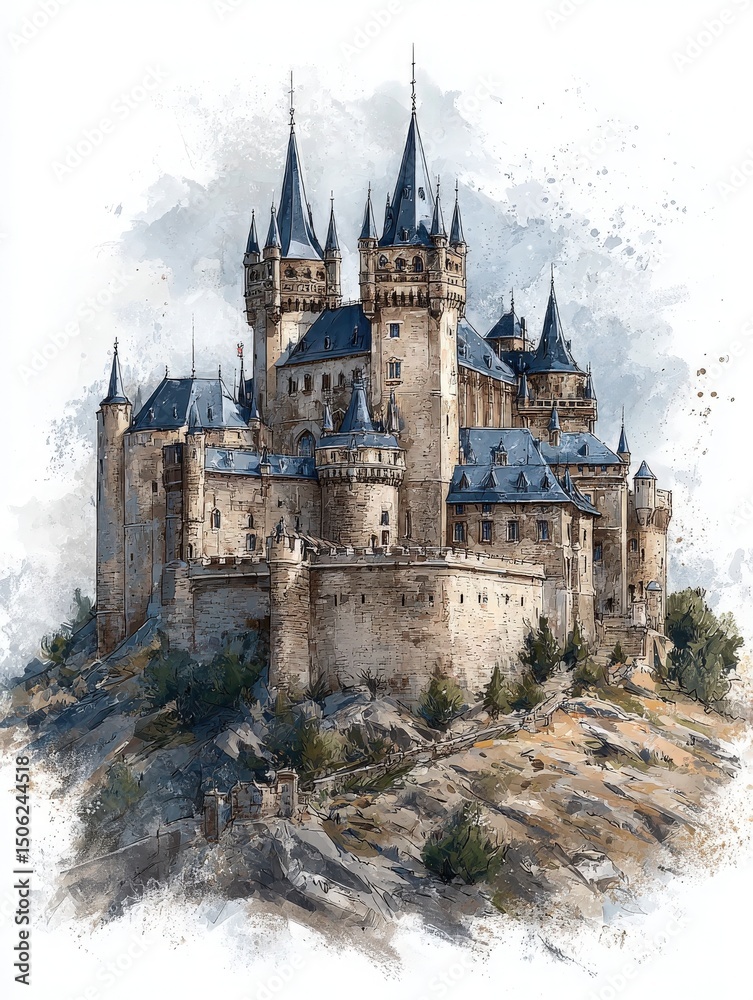 A stunning castle with multiple towers and spires is perched on a rocky outcrop. Surrounded by a natural landscape, the structure features intricate architectural details and a picturesque backdrop.