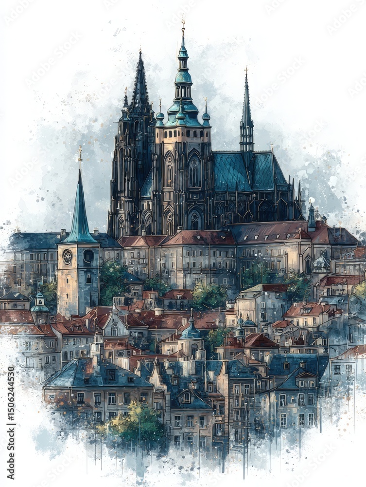 A majestic castle towers above the charming rooftops of Prague, with spires reaching towards the sky. The sunset casts a warm glow over the historic buildings, creating a picturesque scene.