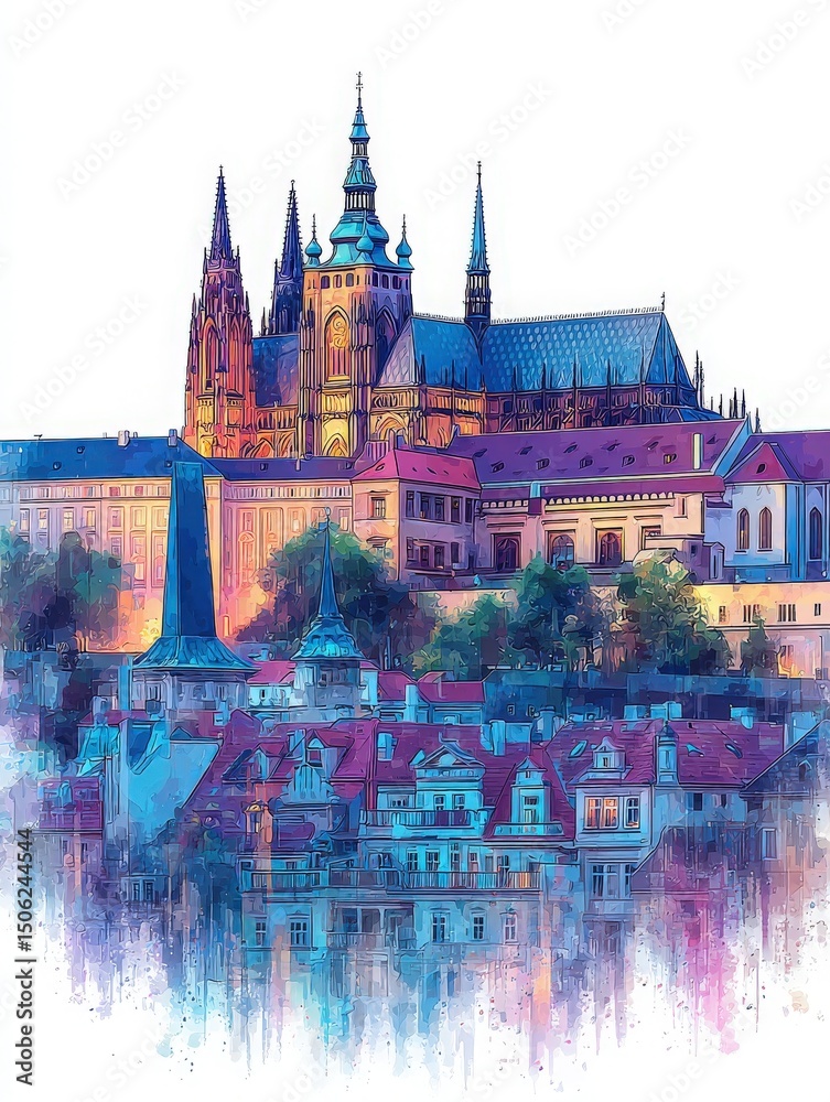 The majestic silhouette of Prague Castle stands tall against a vibrant sunset. Below, charming rooftops of the city reflect shades of blue and red, creating a peaceful atmosphere.