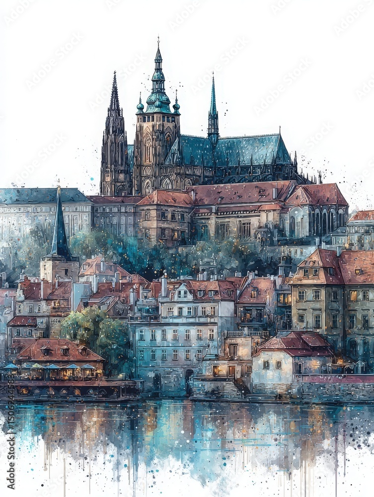 A majestic castle dominates the skyline, surrounded by charming houses along the riverbank. The tranquil water reflects the intricate architecture. Soft colors evoke a peaceful evening atmosphere.