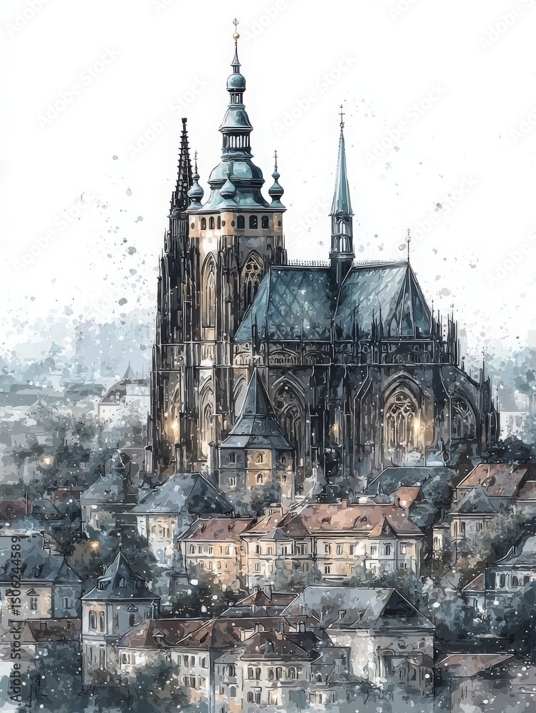 Snow gently falls on a majestic Gothic cathedral, its spires piercing the winter sky. Below, charming old buildings mix with the serene atmosphere, creating a picturesque scene of tranquility.