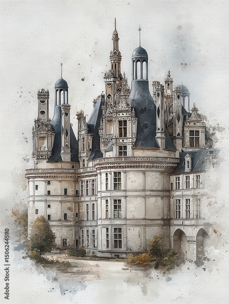 Chateau de Chambord stands majestically, featuring elaborate turrets and spires against a soft, artistic backdrop.