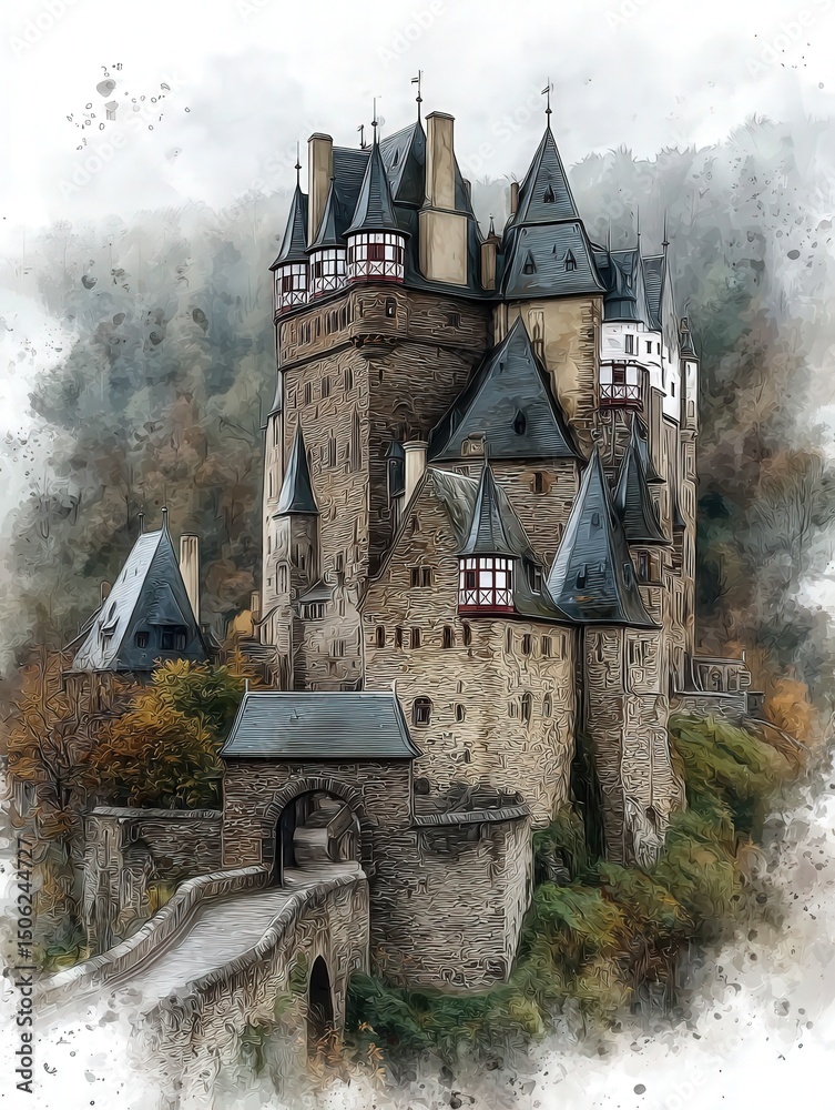 A stunning medieval castle stands proudly on a rocky hill, its spires reaching towards the sky. Surrounding trees are adorned with vibrant autumn leaves, creating a picturesque setting.