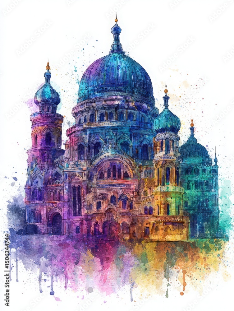 A vibrant watercolor illustration showcases a grand historical building with intricate domes and towers. The artwork features a kaleidoscope of colors, evoking the beauty of an enchanting sunset.