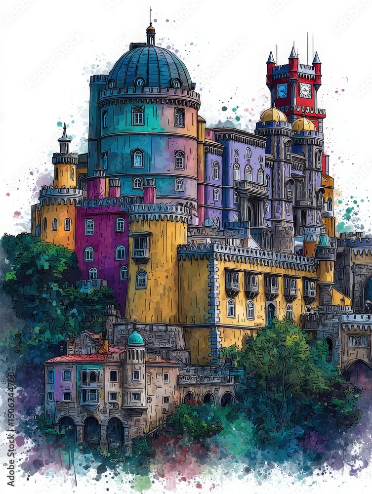 This artistic representation showcases a colorful castle with unique architectural features nestled among greenery. Its towers and vibrant shades create a whimsical atmosphere, inviting admiration.