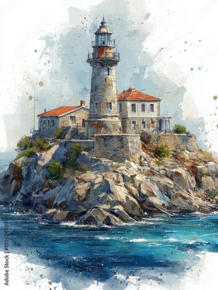 A sturdy lighthouse rises above rocky terrain beside calm blue waters. Coastal buildings with red roofs are nestled nearby, creating a picturesque scene bathed in soft sunlight and splashes of color.