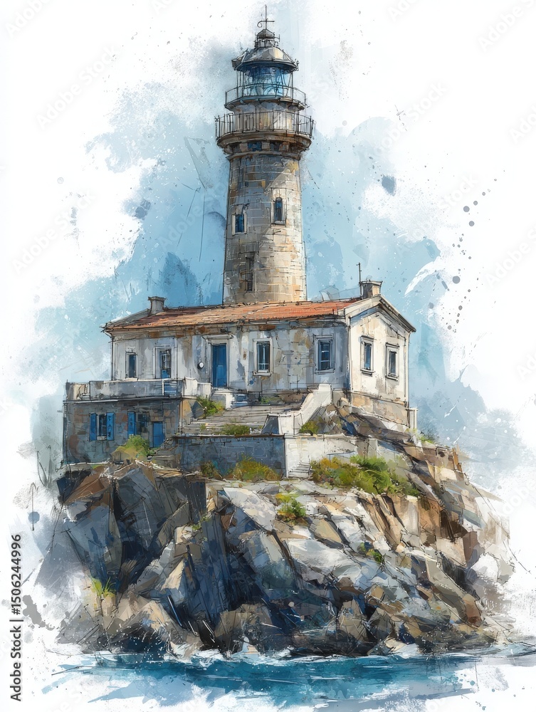 A lighthouse towers above a rocky coastal landscape, surrounded by a calm sea. The structure features classic architecture and is bathed in soft light, suggesting early morning or late afternoon.