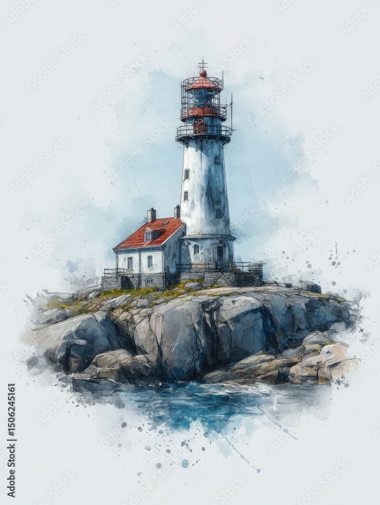 A lighthouse perched on rocky terrain overlooks the ocean, surrounded by gentle waves. The structure features a red roof and white fa?ade, bathed in soft sunlight, creating a serene coastal scene.