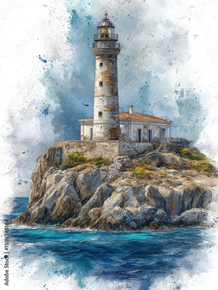 A lighthouse, situated on a rocky cliff, overlooks the ocean with waves crashing against the rocks. The sky is partly cloudy, and the scene captures the serene beauty of coastal landscapes.