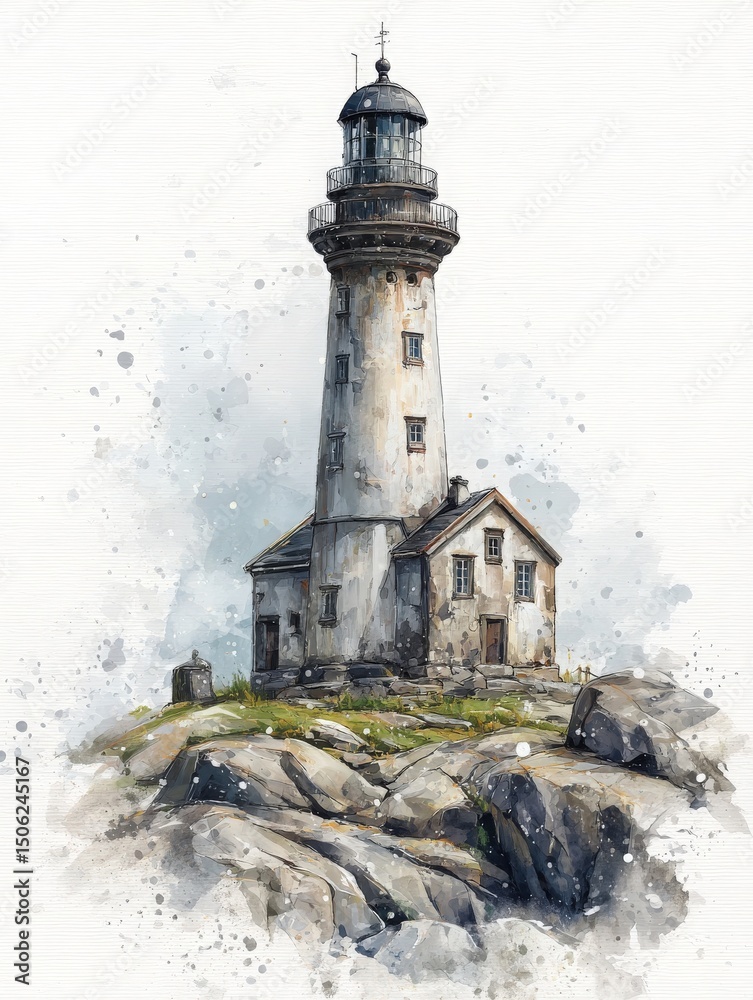 A lighthouse stands prominently on rocky ground by the coast, surrounded by gentle waves and soft clouds. The structure exudes history and charm, offering a serene view of the seascape.