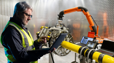 Poster - Engineer monitors robotic inspection system for pipeline diagnostics using a laptop and sensors in a high-tech lab. - Robotics. Engineering. Pipeline inspection.